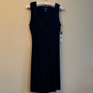 Chaps Petite Shirred Faux‑Wrap Dress – Ruffled V‑Neckline – Black – NWT – M-PT